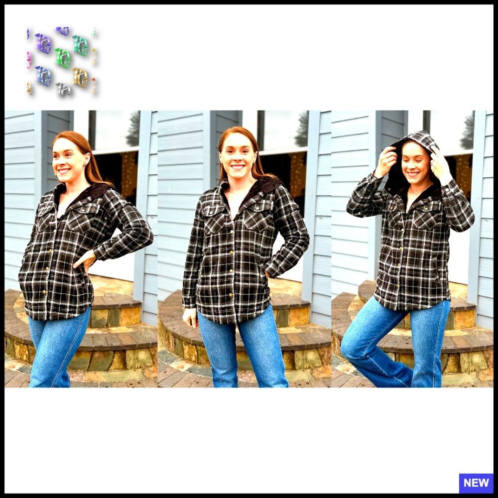 Plaid Sherpa Lined Shacket Jacket Oversized Fit Hooded Winter Warm Fleece - Picture 6 of 7